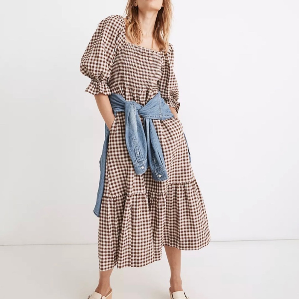 Like-New Madewell Lucie Elbow-Sleeve Smocked Midi Dress in Gingham